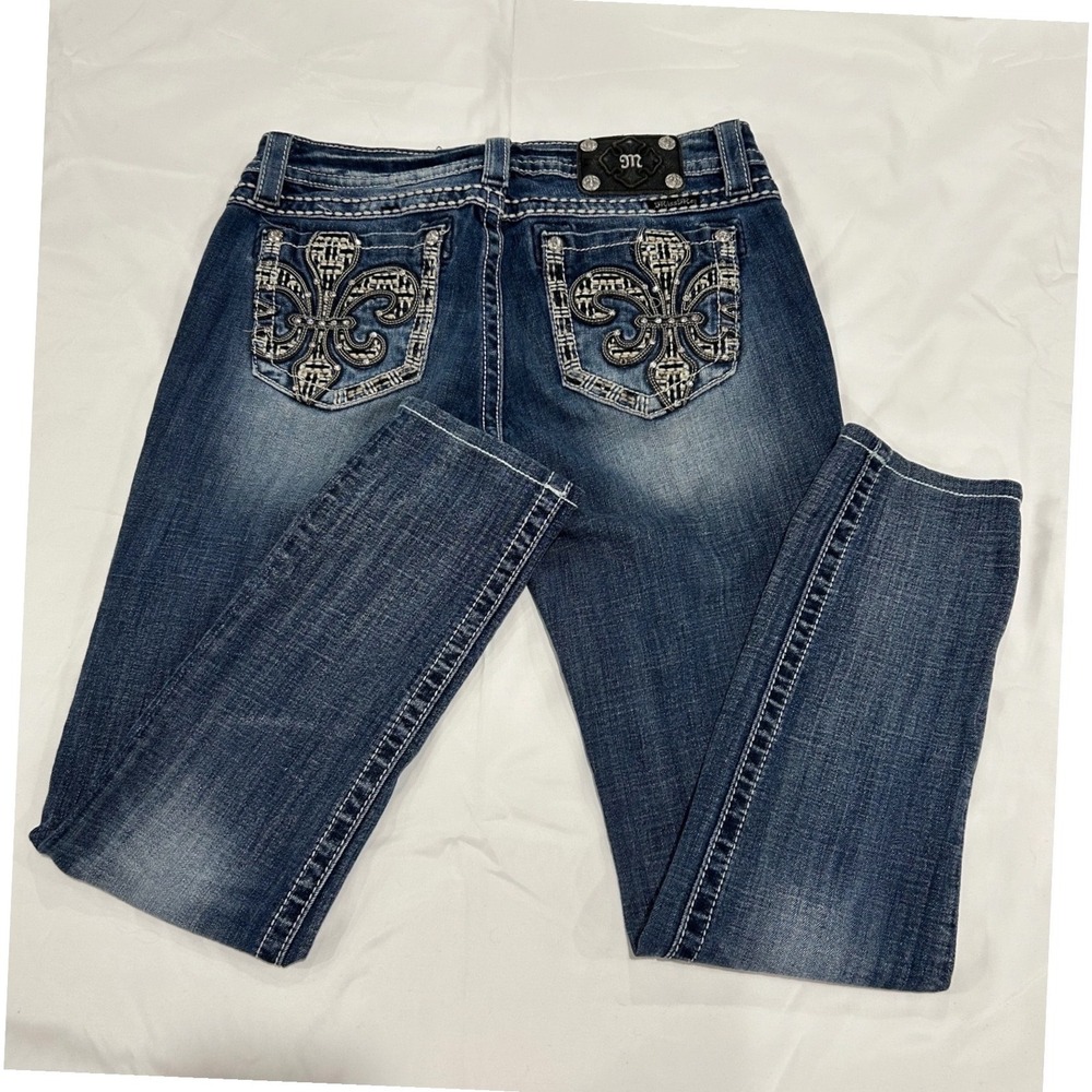 Miss Me Skinny Jeans  30 Western Fleur de Lis Rhinestone Cowgirl Rodeo JP6348S - Picture 2 of 14